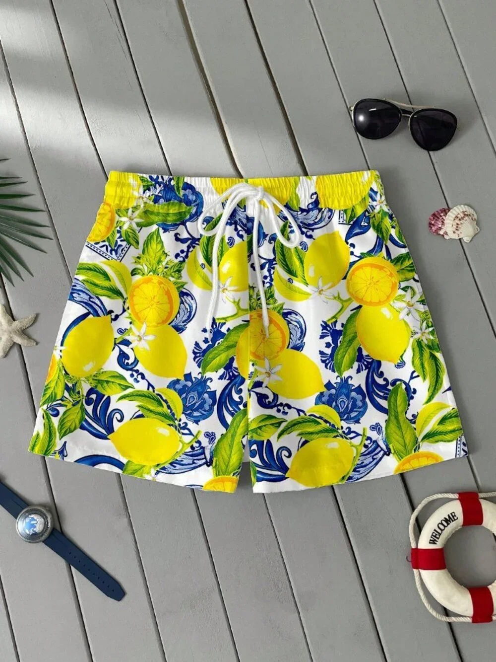 Yellow Tropical Men's Lemon Fruit Mesh Beach Shorts